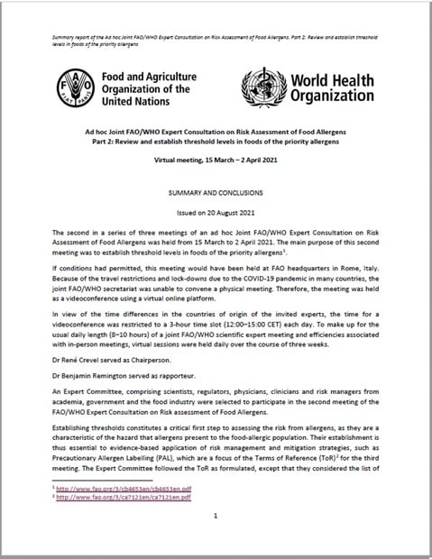 Ad hoc Joint FAO/WHO Expert Consultation on Risk Assessment of Food Allergens Part 2: Review and establish exemptions for the food allergens