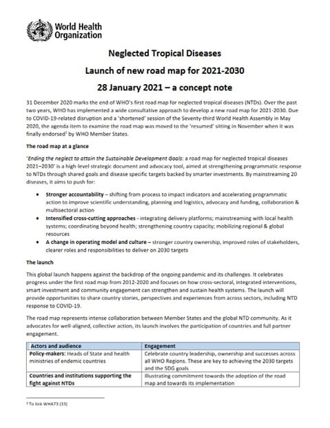 Neglected Tropical Diseases Launch of new road map for 2021–2030. 28 January 2021 – a concept note