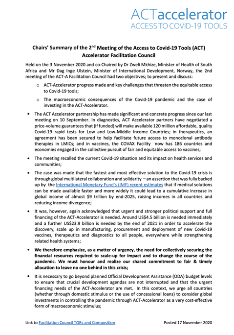 Chairs’ Summary of the 2nd Meeting of the Access to Covid-19 Tools (ACT)