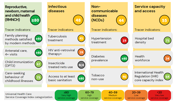 Sub-indices and tracer indicators of Indonesia's Universal Health Care Service Coverage Index.